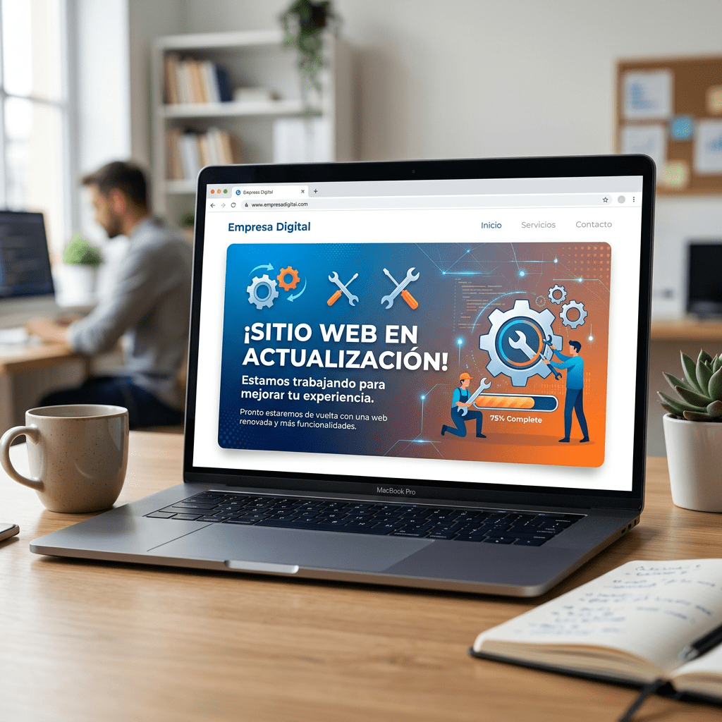 Laptop displaying a website update notice with progress bar at 75% complete